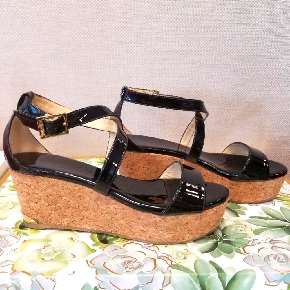 JIMMY CHOO-PORTIA 70- WEDGE SANDALS-BLACK-36